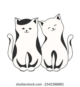 Pareja de lindos gatos blancos y negros sentados vista frontal, Ilustración vectorial aislada sobre fondo blanco, estilo de dibujo simple.