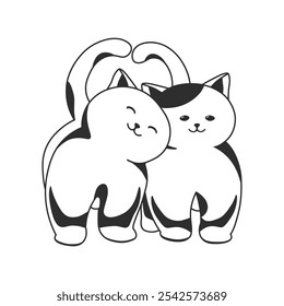 Un par de lindos gatos blancos y negros están caminando y acariciando, Ilustración vectorial aislada sobre fondo blanco, estilo de dibujo simple.