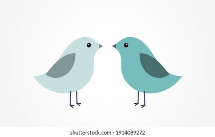 Couple of cute blue birds. Flat design vector illustration.