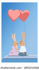 A couple of cute bunnies on vacation. Celebrate valentine's day. Fire up heart shaped balloons. rest at nature. Vector illustration for cards, posters, covers.