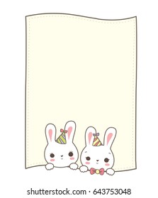 Couple cute bunny hold card paper frame isolated white background