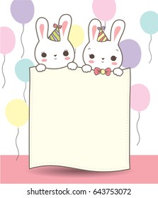 Couple cute bunny hold card paper frame and wear party hat on balloon floating background