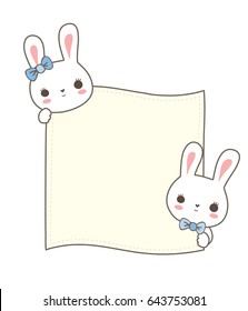 Couple cute bunny hold card paper frame isolated white background