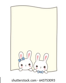Couple cute bunny hold card paper frame isolated white background
