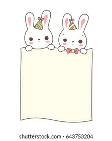 Couple cute bunny hold card paper frame isolated white background