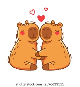 A couple of cute capybaras in love are hugging. Love, Valentine's Day, romance. Print on clothes. Vector illustration in color doodle style.