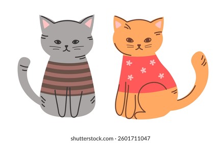A couple of cute cartoon cats in sweaters colorful vector illustration, pets concept, decorative elements, isolated on white background.