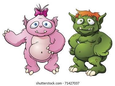 A couple of cute cartoon character monster mascots. Maybe a married couple?