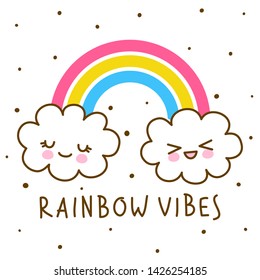 Couple of cute cartoon clouds with rainbow isolated on white background