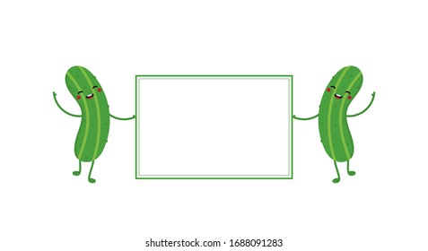 Couple of cute cartoon cucumber characters holding empty board, card in hands for information. 