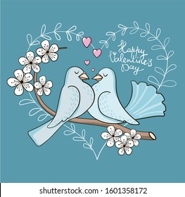 A couple of cute cartoon doves in love on a branch of blooming cherry. Greeting card for Valentine's Day February 14. Valentine's card.