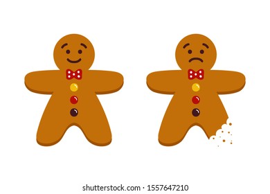 Couple Of Cute Cartoon Gingerbread Men, Christmas Traditional Cookies, Biscuits, Whole And With Teeth Bite Mark.