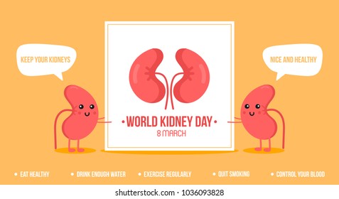 Couple of cute cartoon kidney characters holding card for World Kidney Day. Vector illustration, banner, header.