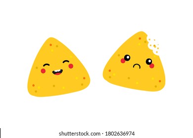 Couple Of Cute Cartoon Nachos, Tortilla Chips Characters Happy And Sad, Whole And With Teeth Bite Mark.