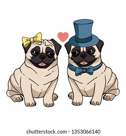 A couple of cute cartoon pugs isolated on white background. Funny vector dog characters for your design