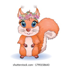 Couple of cute cartoon squirrel with beautiful eyes with flowers, wreath.