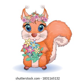 Couple of cute cartoon squirrel with beautiful eyes with flowers, wreath.