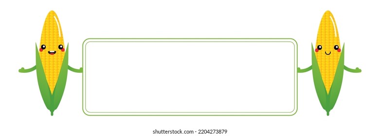 Couple of cute cartoon style corn character holding in hands blank card, banner.