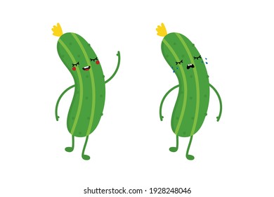 Couple of cute cartoon style cucumber characters, pickles happy smiling and sad crying.