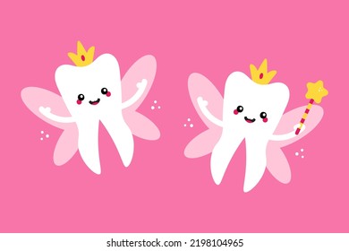 Couple of cute cartoon style tooth fairies, tooth queens with golden crowns, wings and magic wand for kids, children dental, oral care design. National Tooth Fairy Day.
