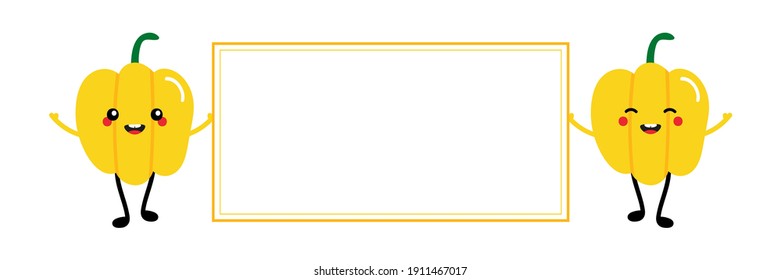 Couple of cute cartoon style yellow bell pepper characters holding blank, empty card, banner in hands. 