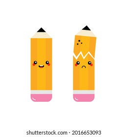 Couple of cute cartoon style yellow pencil characters, happy and smiling and sad and broken. 