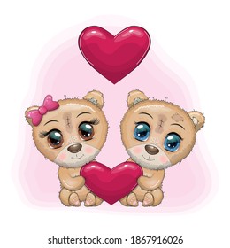 Couple of cute cartoon teddy bear with big eyes holding a heart, concept of love and relationships.