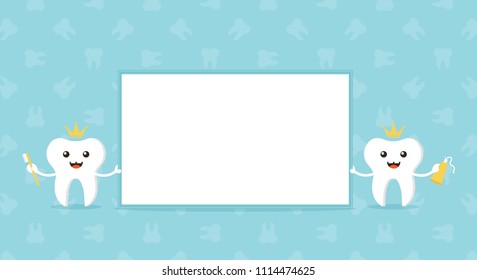 Couple of cute cartoon teeth characters holding blank, empty card. World Oral Health Day vector illustration, banner, header.