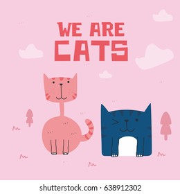 Couple Cute Cat Design for tee print, t-shirt, embroidery, shirt, mug, bag, lunchbox, wallpaper, tote bag, poster and banner flat design for kids. Retro vector illustration
