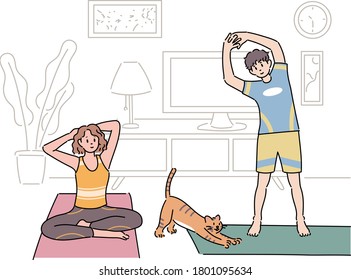 Couple and cute cat doing home training at home. hand drawn style vector design illustrations. 