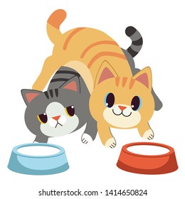 The couple of cute cat drinking milk on the floor in strange pose flat vector style.