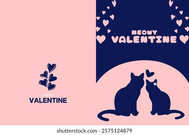 couple cute cat in love animal valentine day fold card invitation background. vector illustration 