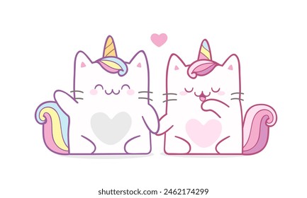 Couple Cute Cat Unicorn in pastel color style vector illustration. Cartoom unicorns kitten boy and girl sitting together for greeting card, and apparel print design