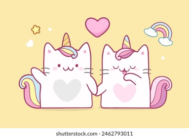 Couple Cute Cat Unicorn in pastel color style vector card template. Cartoom unicorns kitten boy and girl sitting together for greeting card, and apparel print design