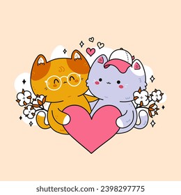 Couple of cute cats holding heart together. Flat vector illustration design.