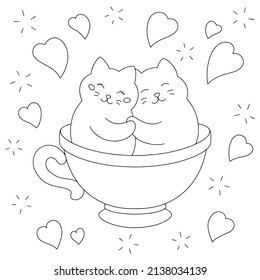 A couple of cute cats are hugging in a cup. Coloring book page for kids. Valentine's Day. Cartoon style character. Vector illustration isolated on white background.