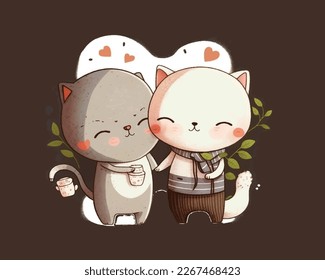 Couple of cute cats in love.. Draw vector character design-couple love. Vector hand drawn illustration for romantic prints, valentine day cards. Good for posters, t shirts, postcards.