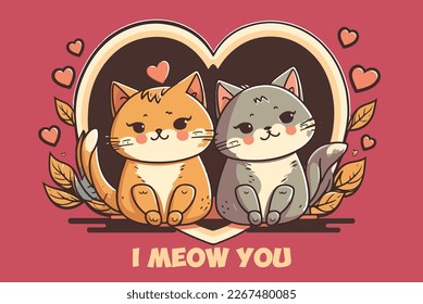 Couple of cute cats in love. with heart shape lettering I meow you. Vector hand drawn illustration for romantic prints,