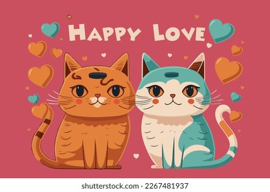 Couple of cute cats in love. with heart shape lettering Happy Love. Vector hand drawn illustration for romantic prints,