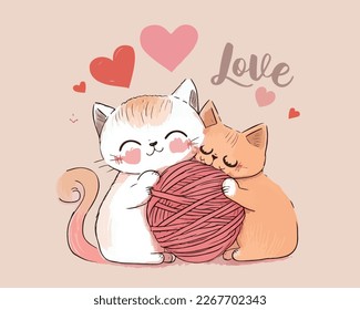 Couple of cute cats in love. with heart shape lettering I meow you. Vector hand drawn illustration for romantic prints,