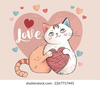 Couple of cute cats in love. with heart shape lettering I love you. Vector hand drawn illustration for romantic prints,