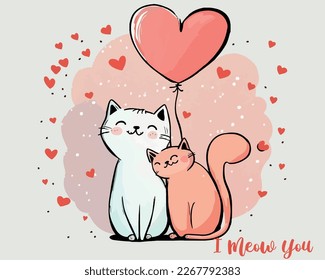 Couple of cute cats in love. with heart shape lettering I love you. Vector hand drawn illustration for romantic prints,