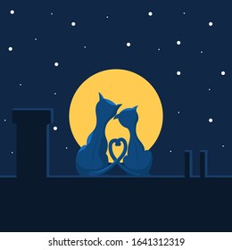 A couple of cute cats in love are sitting on the roof, against the background of the night sky. Flat vector illustration in trendy colors