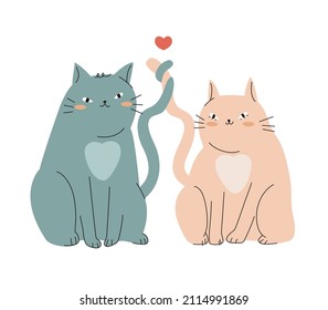Un par de lindos gatos enamorados. Ilustración de dibujos animados planos a mano para el día de San Valentín