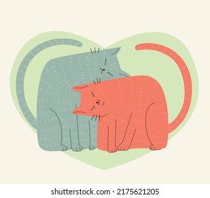 Couple of cute cats in love. Vector hand drawn flat cartoon style illustration  for Valentine's day
