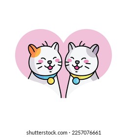 Couple of cute cats in love.  Vector icon illustration for romantic prints, valentine day cards. Good for posters, t shirts, postcards.
