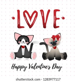 A couple of cute cats wear red ribbons sitting with Love and Happy Valentine's Day text on white background. Concept of love and Valentines day. Vector illustration.