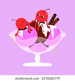 A couple of cute cherries in love sitting on the pink and chocolate ice cream in a glass. Funny cherry character. Valentine's day greeting card and poster. Mascot design. Vector isolated print decor.