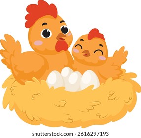 Couple cute chicken cartoon in the nest brooding her egg