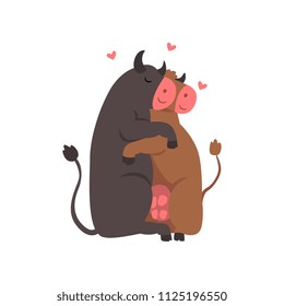 Couple of cute cows in love embracing each other, two happy aniimals hugging with hearts over their head vector Illustration on a white background